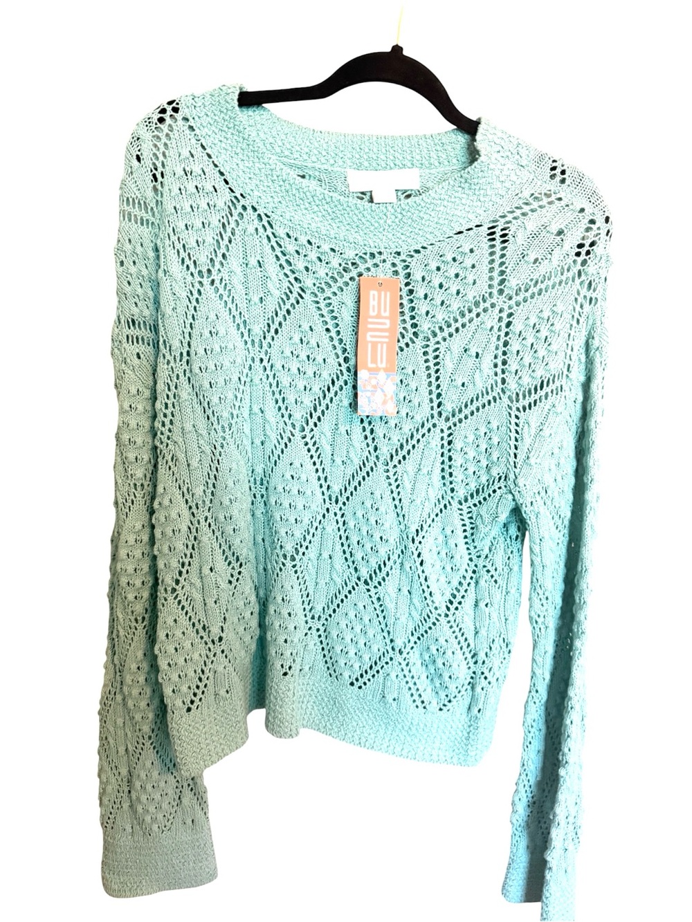 Women’s Bunulu Seafoam Open-Knit Crew Sweater Size Large NWT